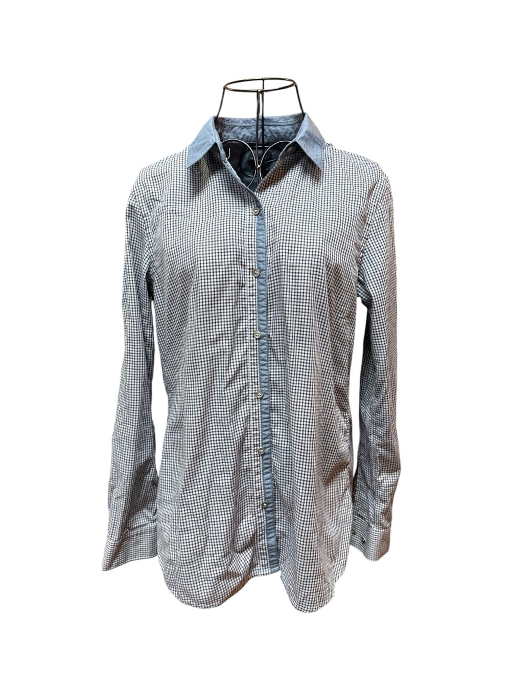 Theory Blue and White Gingham Button-Down Cotton Shirt